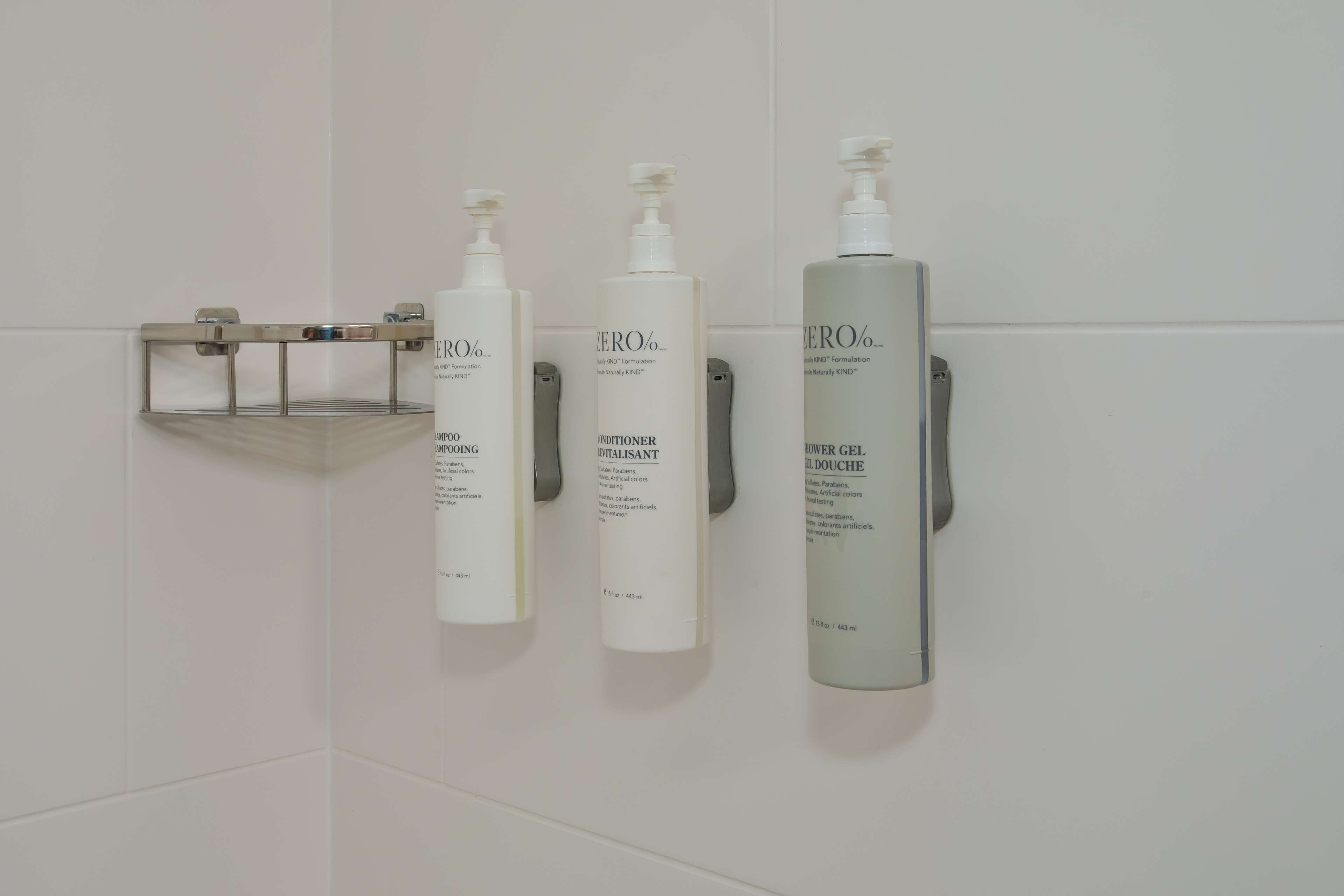 combined shower/bathtub, free toiletries, hair dryer, towels