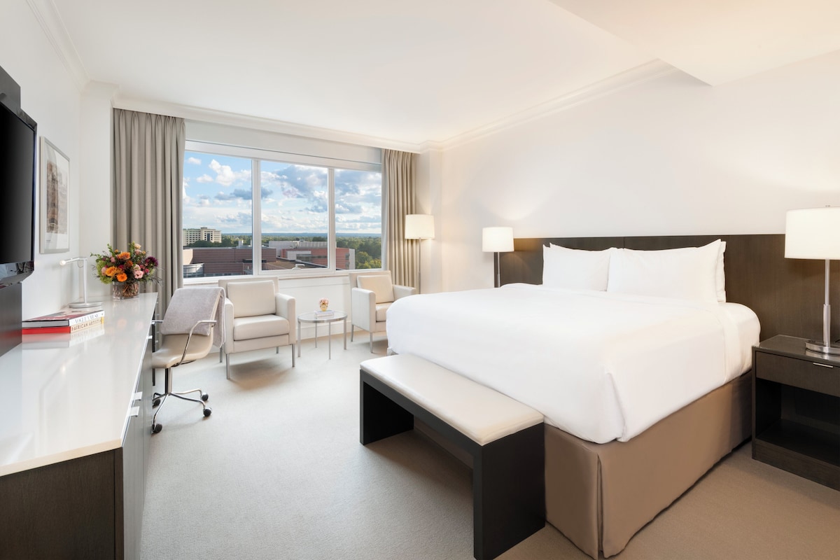A hotel room with a large bed, a desk, a chair, a bench, and a TV.