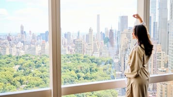 A person standing by a large window overlooking a cityscape with dense urban buildings and a green park area.