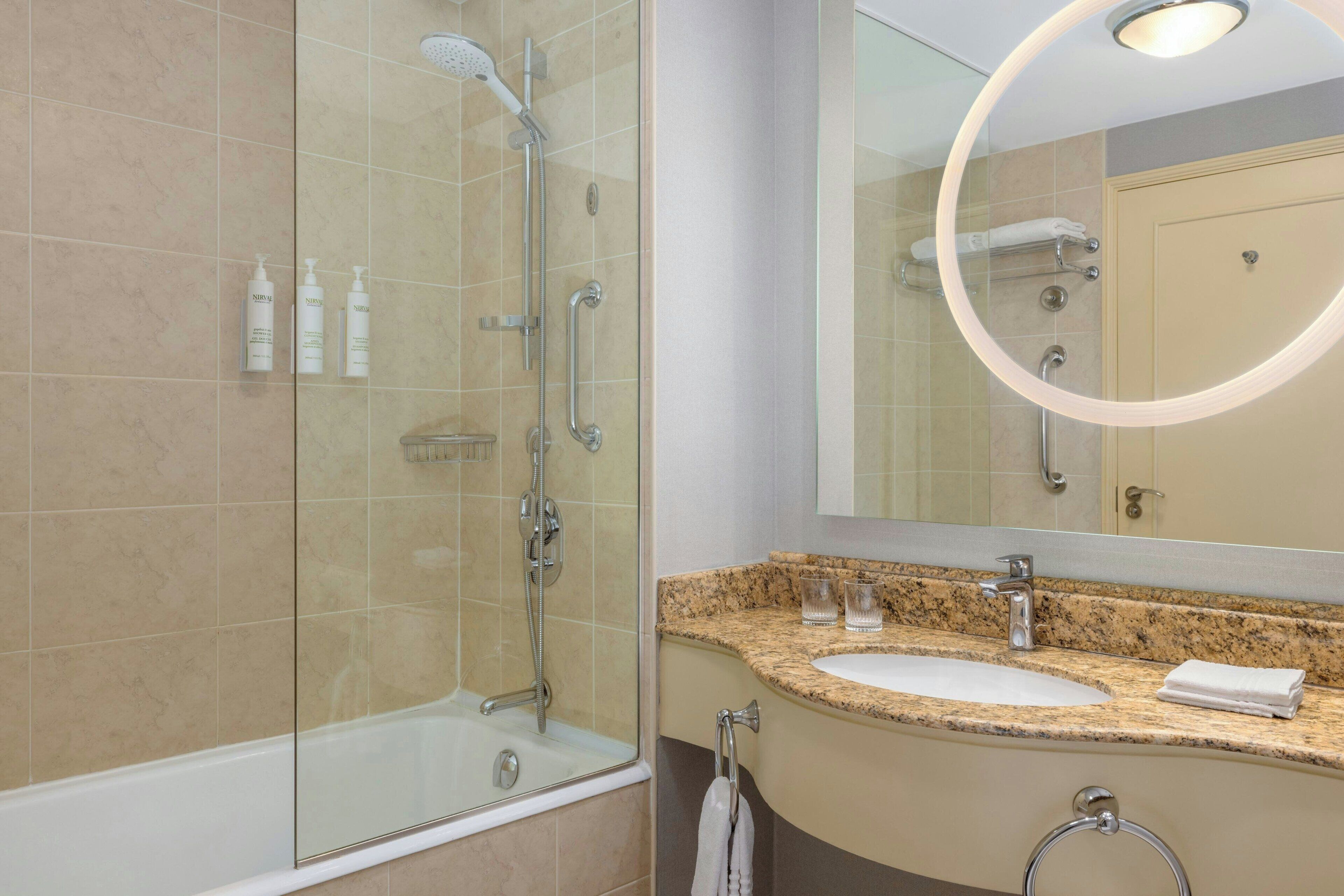 shower, free toiletries, hair dryer