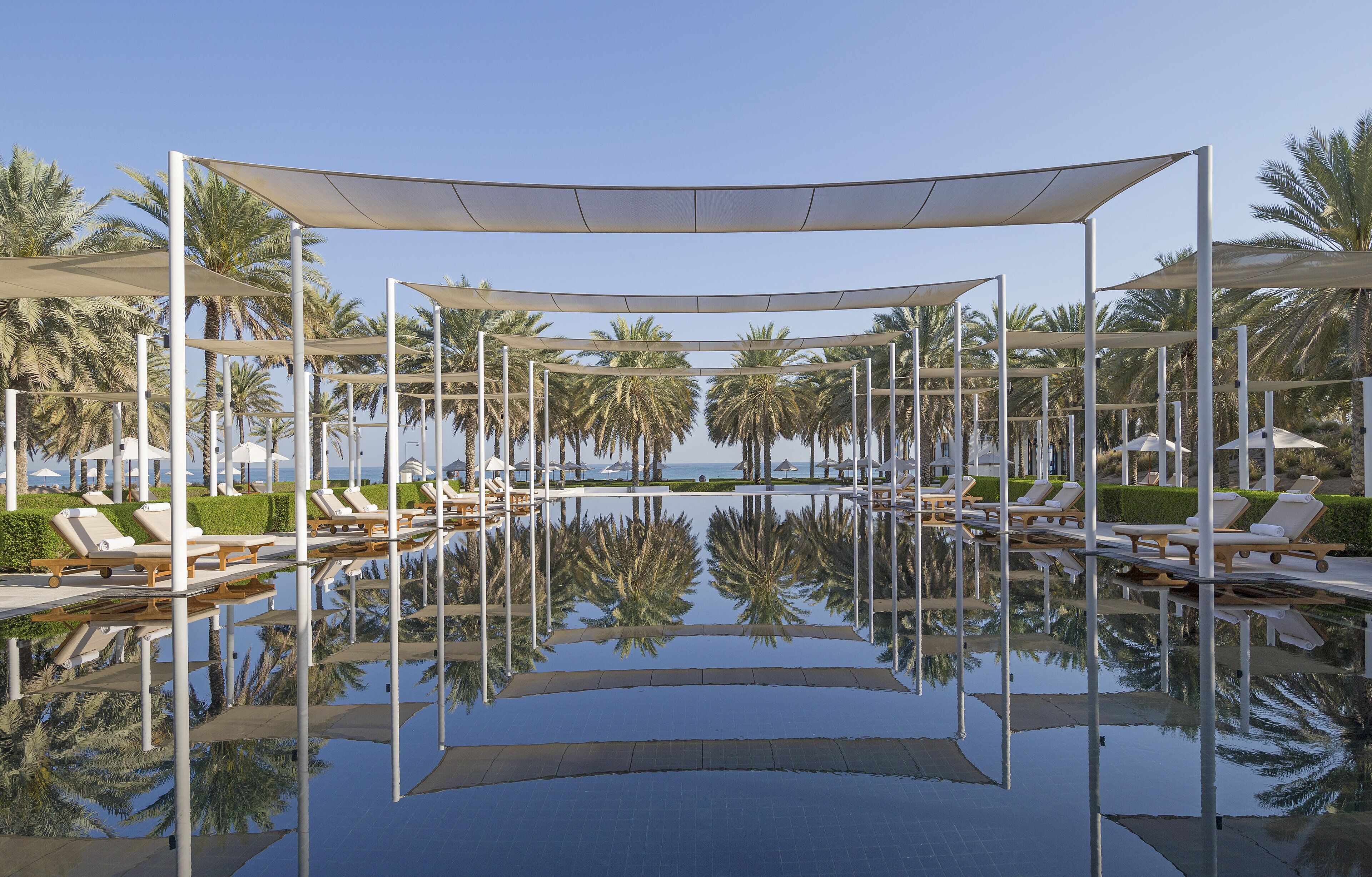 A pool area with sun loungers and umbrellas, surrounded by palm trees.