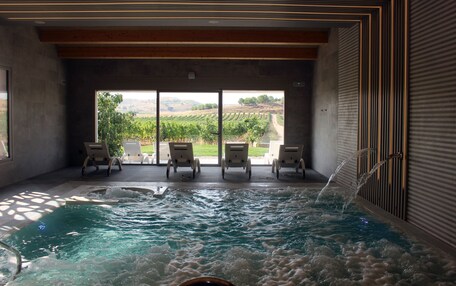 A hot tub with three lounge chairs, a view of a vineyard, and a wooden ceiling.