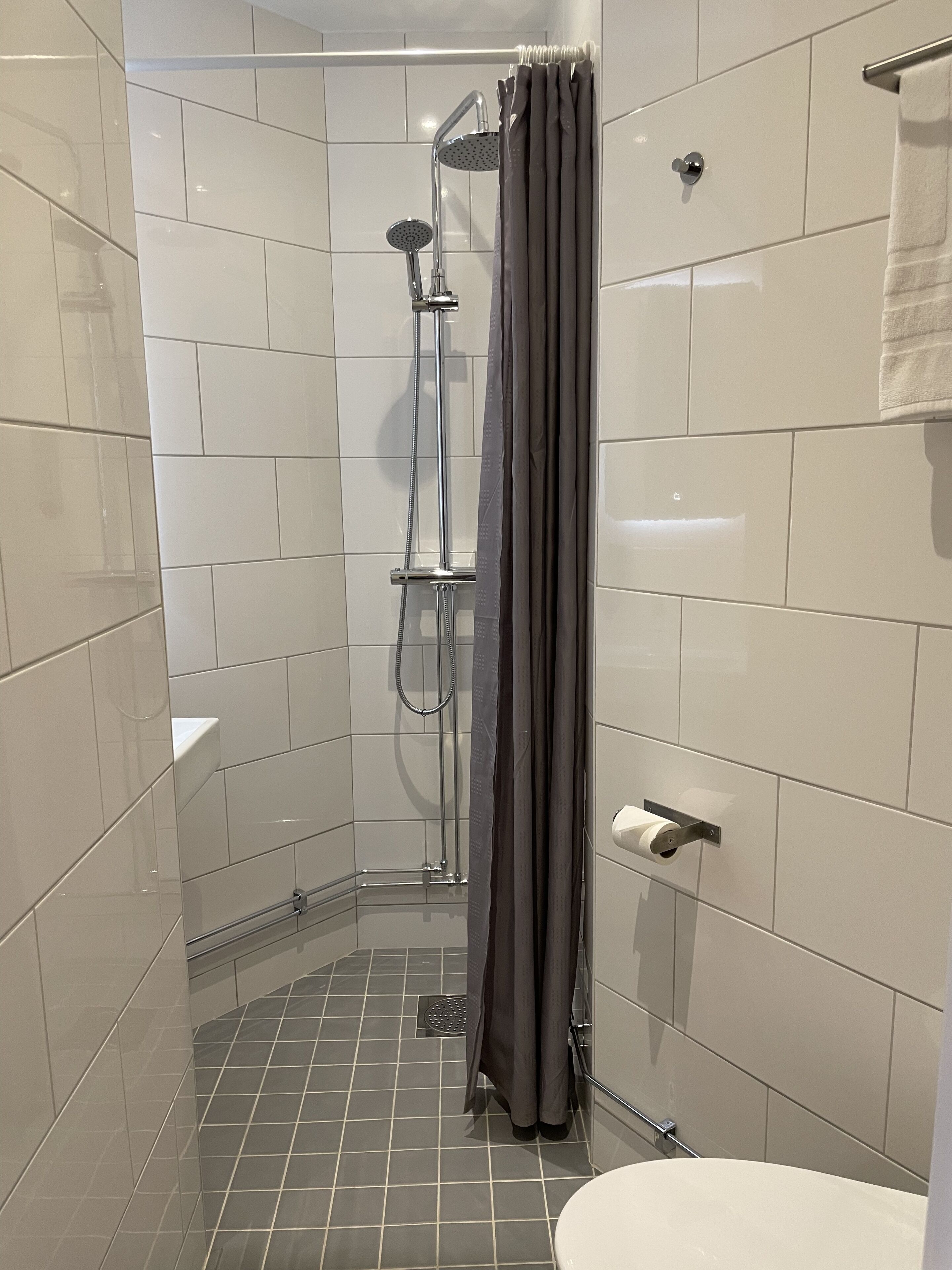 A modern shower area with a glass door, a handheld showerhead, and a towel rack.