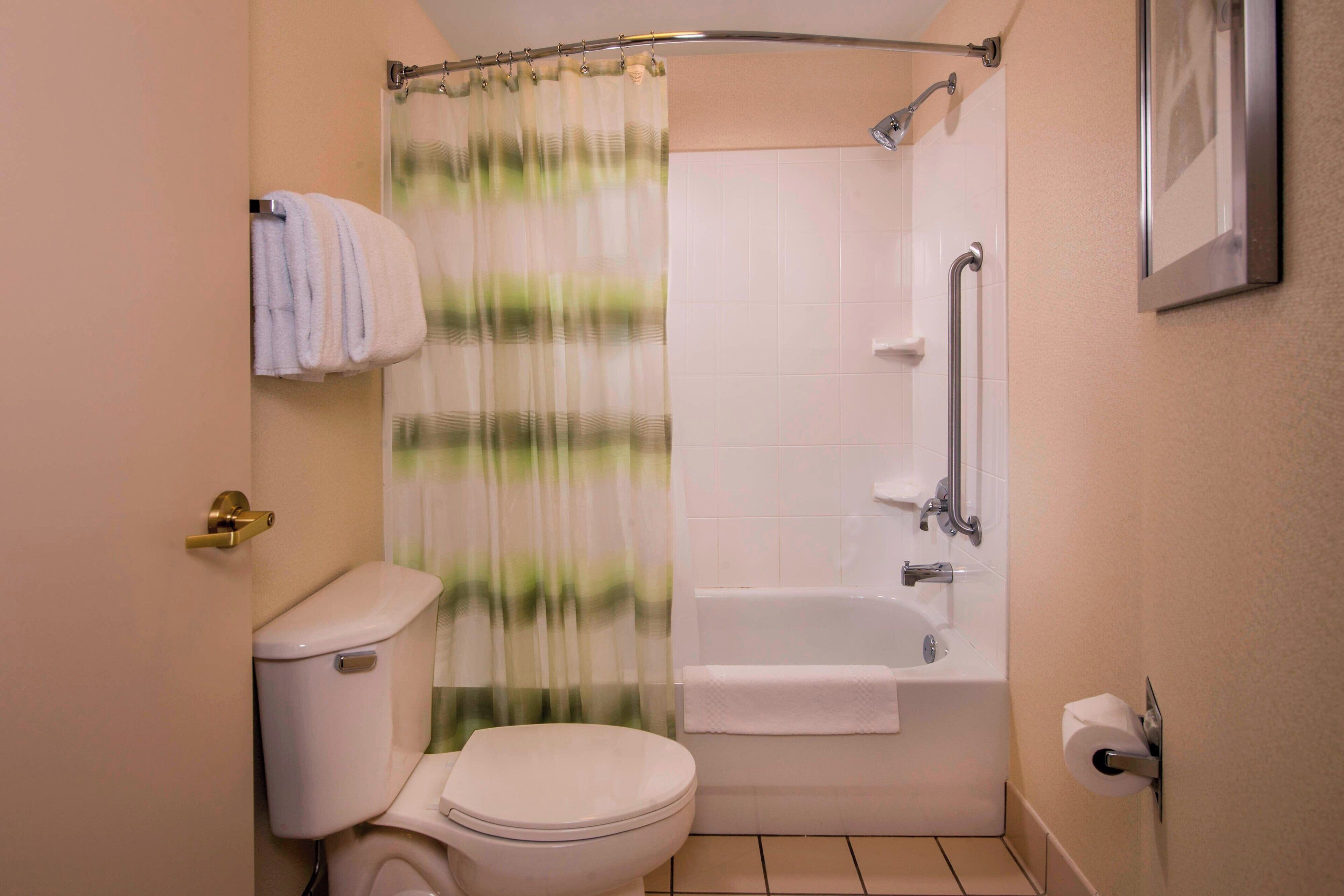 combined shower/bathtub, free toiletries, hair dryer, towels