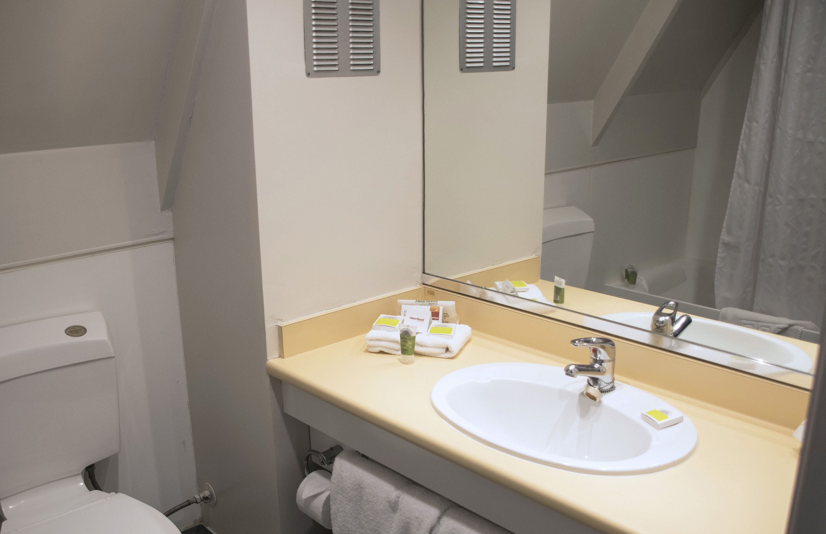 combined shower/bathtub, free toiletries, hair dryer, towels