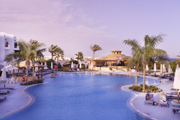 Outdoor pool, pool umbrellas, pool loungers