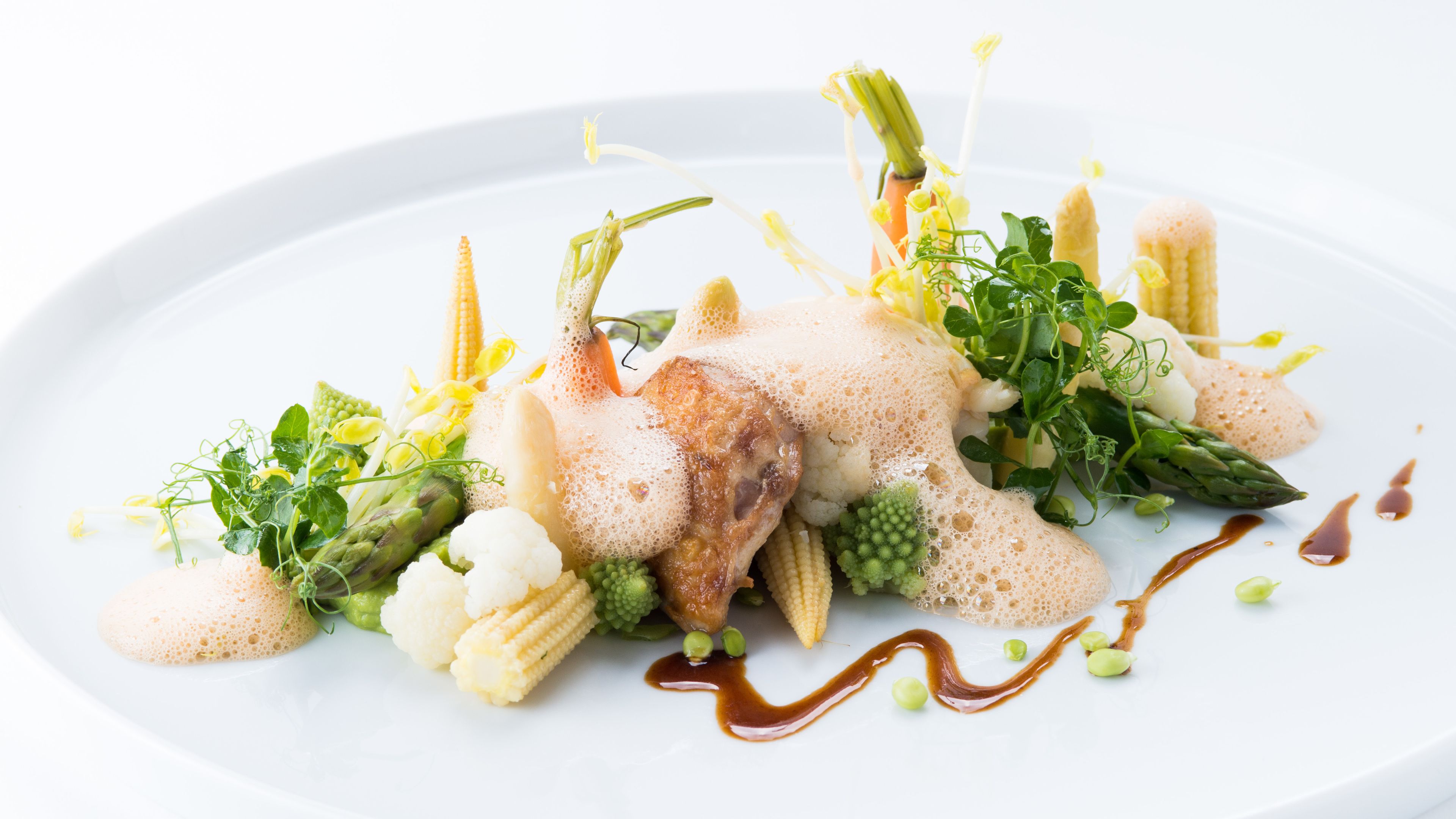 Ein weißer Teller mit verschiedenen Gemüsesorten und einem Stück Fleisch, vermutlich Hähnchen, garniert mit grünen Kräutern und einem Klecks Sauce.