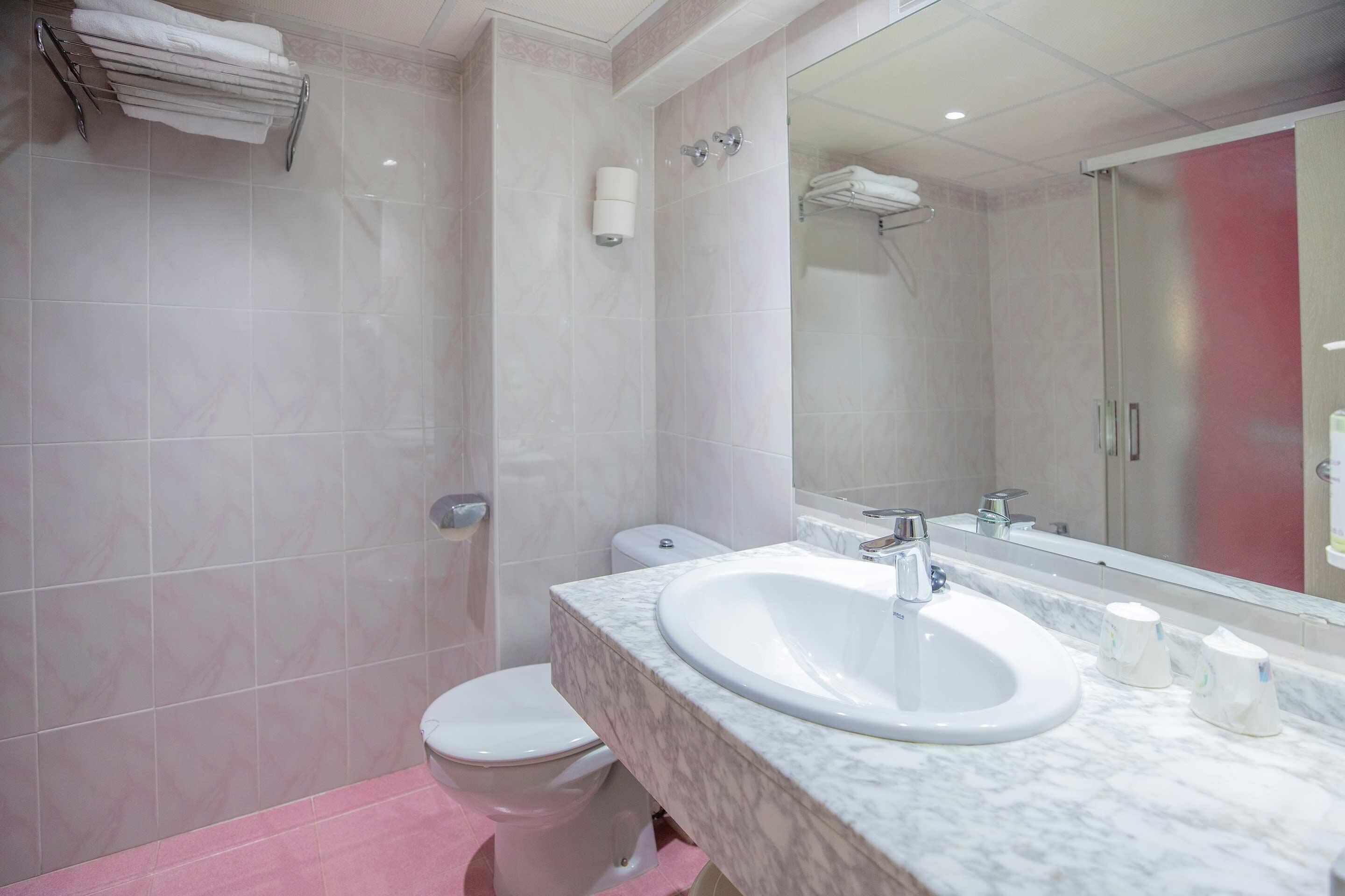 A bathroom with a white sink, a mirror, a toilet, and a shower area.