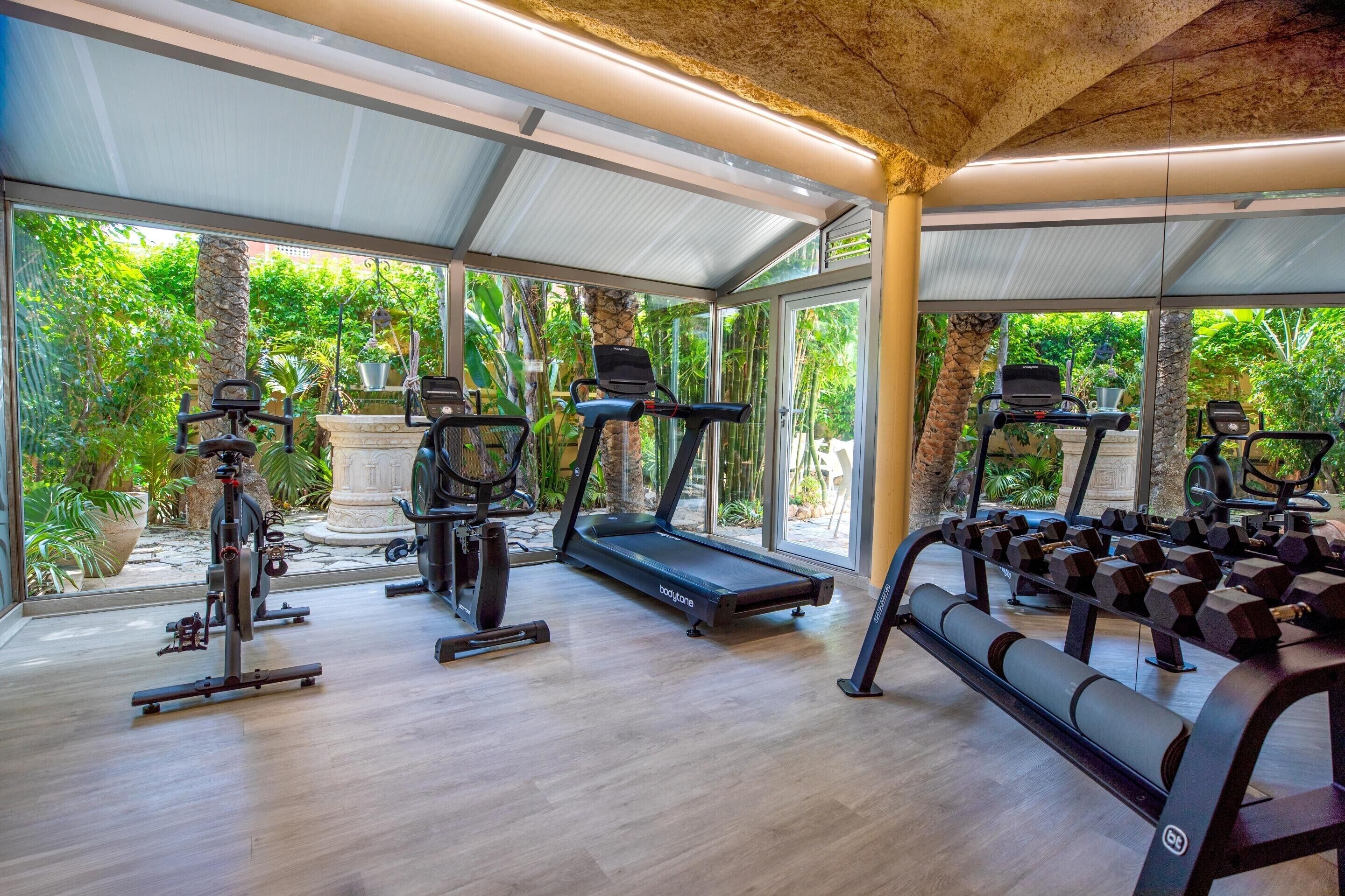 A gym with treadmills, exercise bikes, and dumbbells, with large windows overlooking a garden.