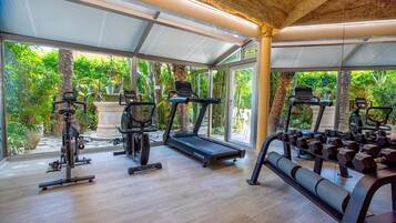 A gym with treadmills, exercise bikes, and dumbbells, with large windows overlooking a garden.