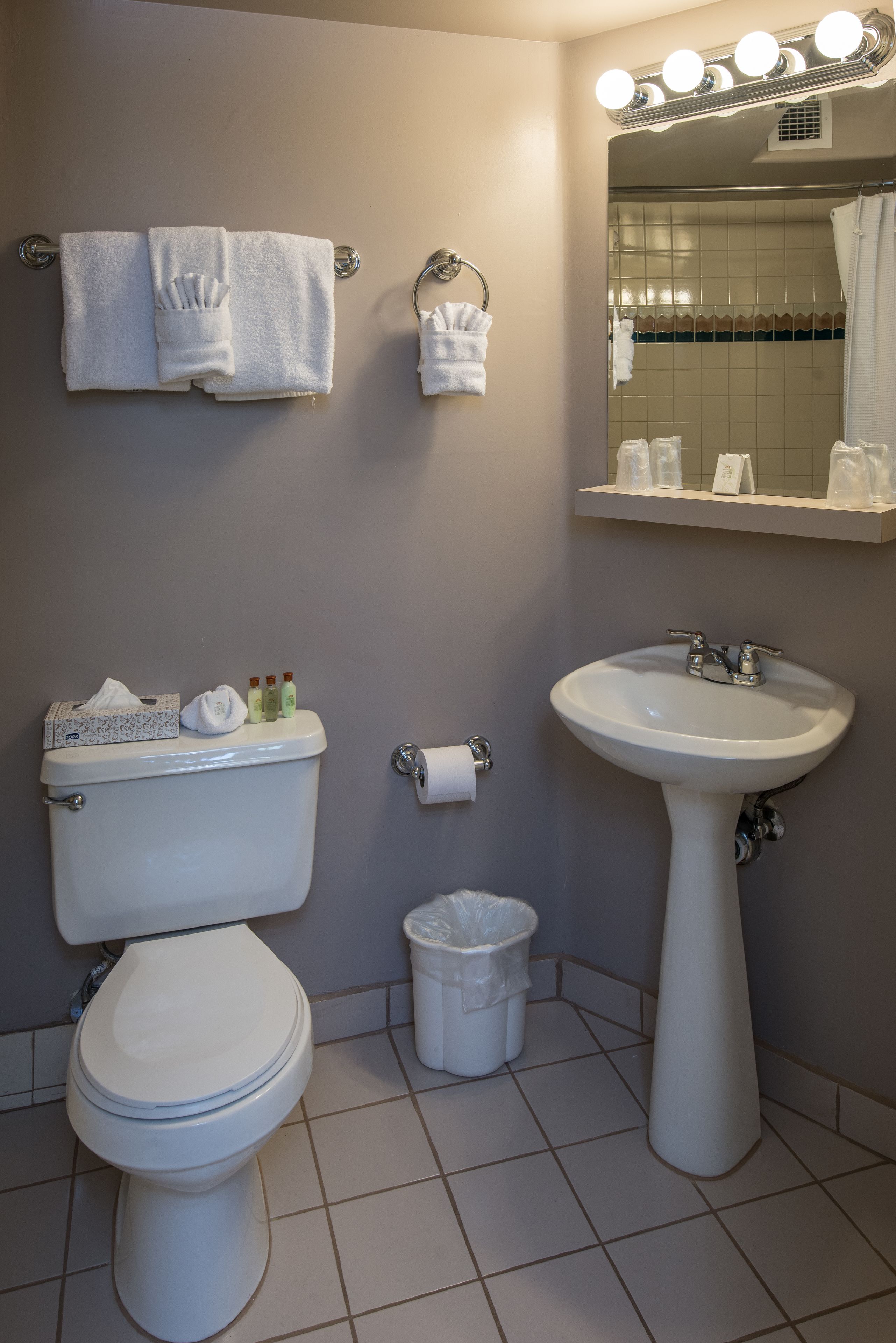 A bathroom with a toilet, sink, and mirror.