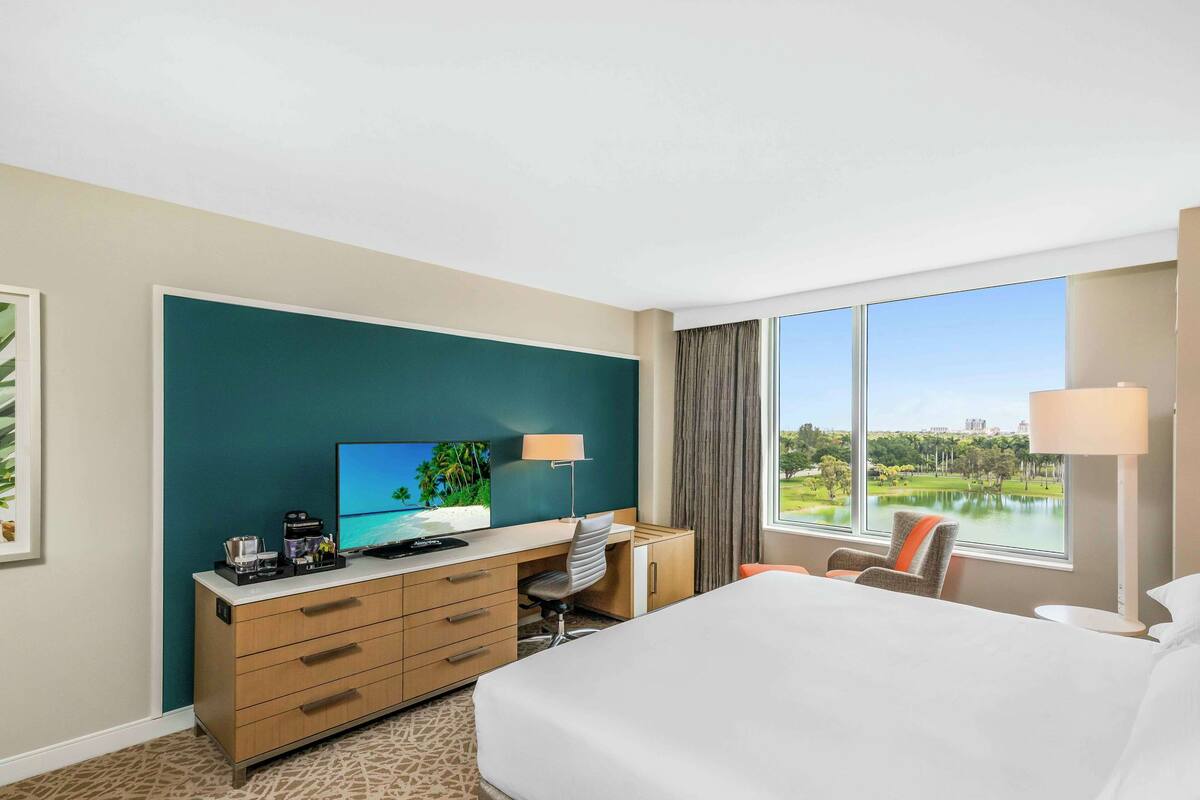 A hotel room with a bed, desk, and chair, a television, and a window with a view of a park.
