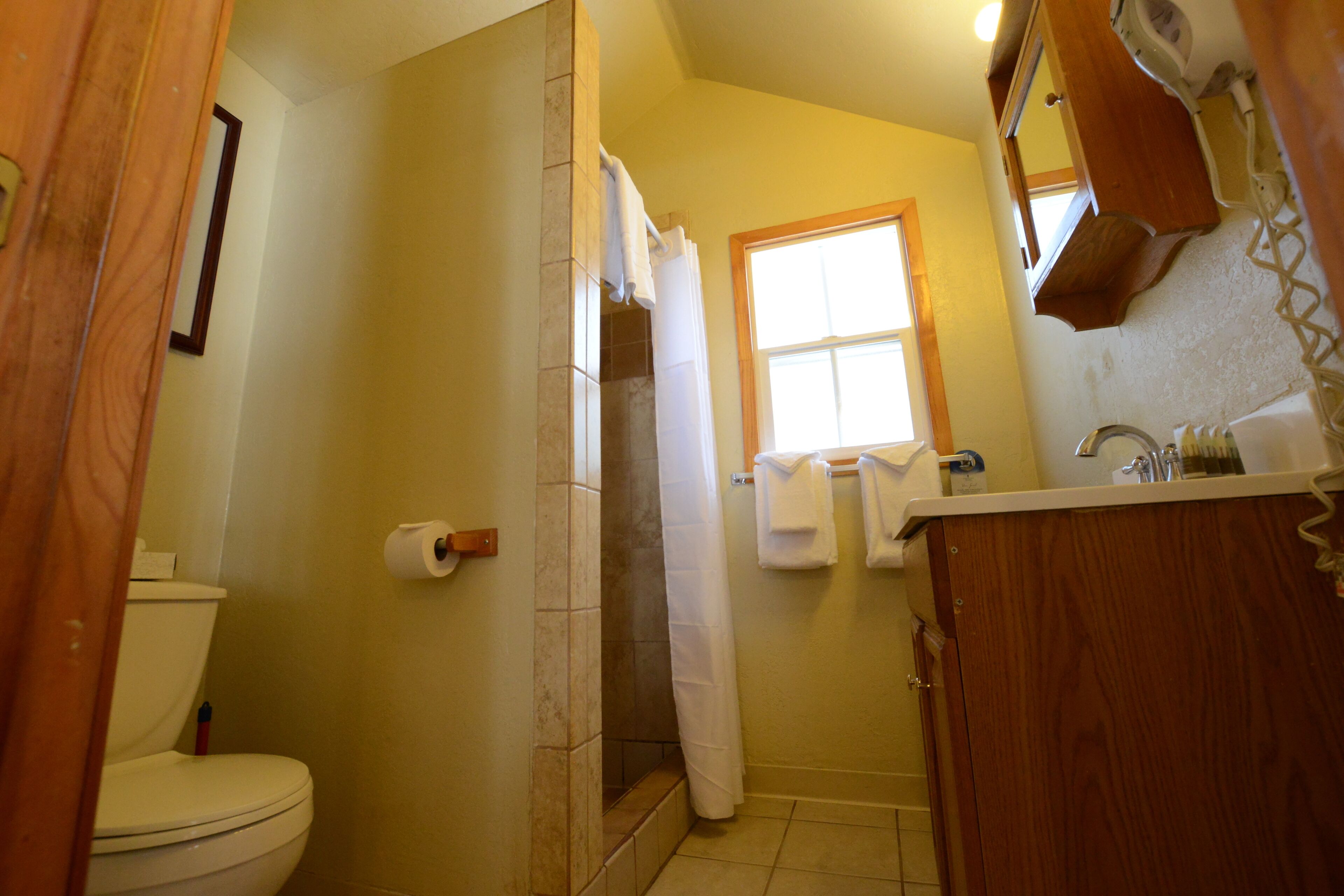 Un baño con inodoro, ducha y lavamanos.