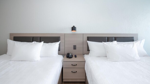 A hotel room with two beds, each with white bedding and pillows, a bedside table with a phone and a lamp, and a light switch on the wall.