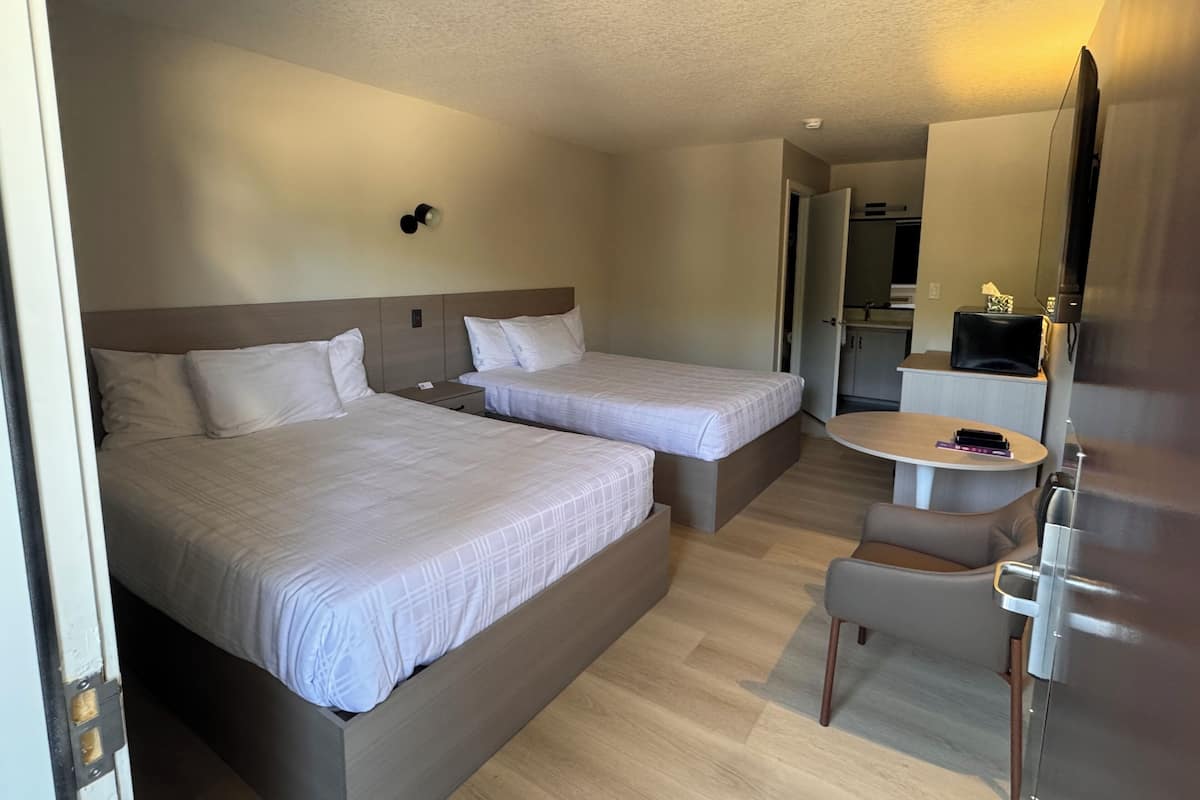 Desk, laptop workspace, blackout curtains