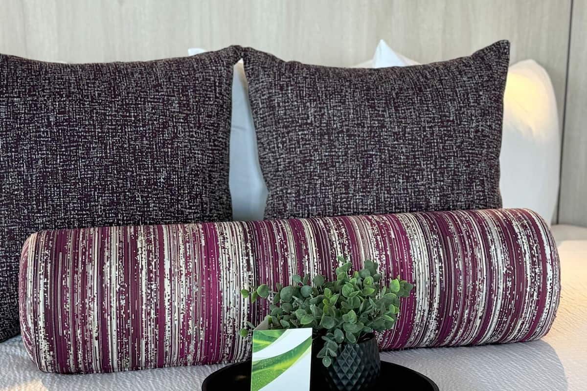 Una cama con dos almohadas cuadradas y una cilíndrica, una pequeña planta en maceta y una pared blanca.