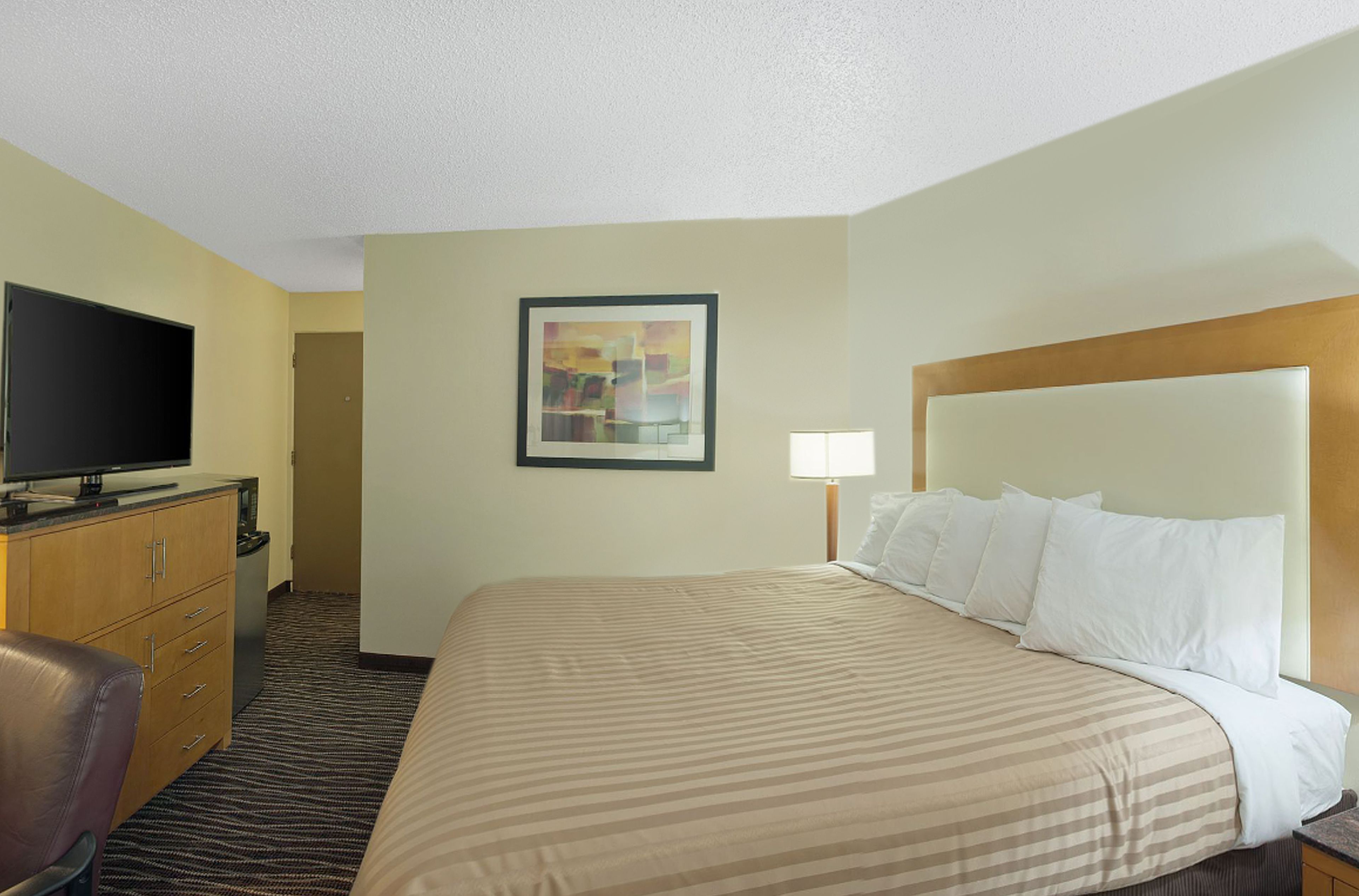 A hotel room with a bed, a television on a dresser, a painting on the wall, and a lamp beside the bed.