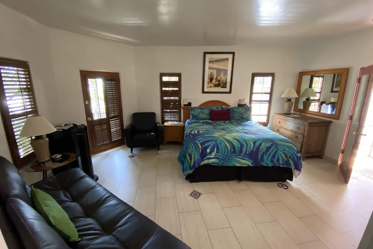 A bedroom with a bed, a chair, a sofa, a dresser, and a mirror.