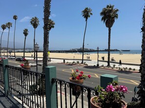 A coastal road with palm trees, a beach, and a pier in the background. - Ala Mar by the Sea (Santa Barbara)