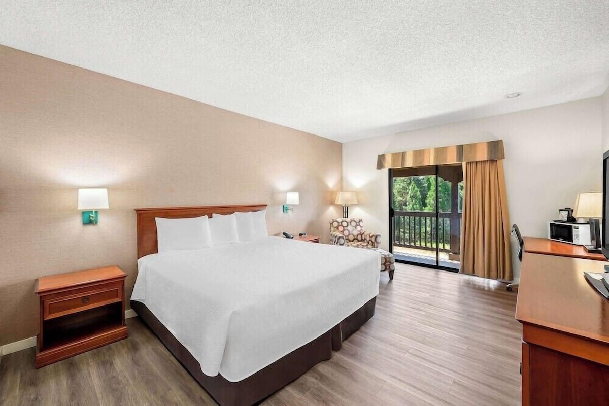 A hotel room with a large bed, bedside lamps, a desk, and a view of the outdoors.