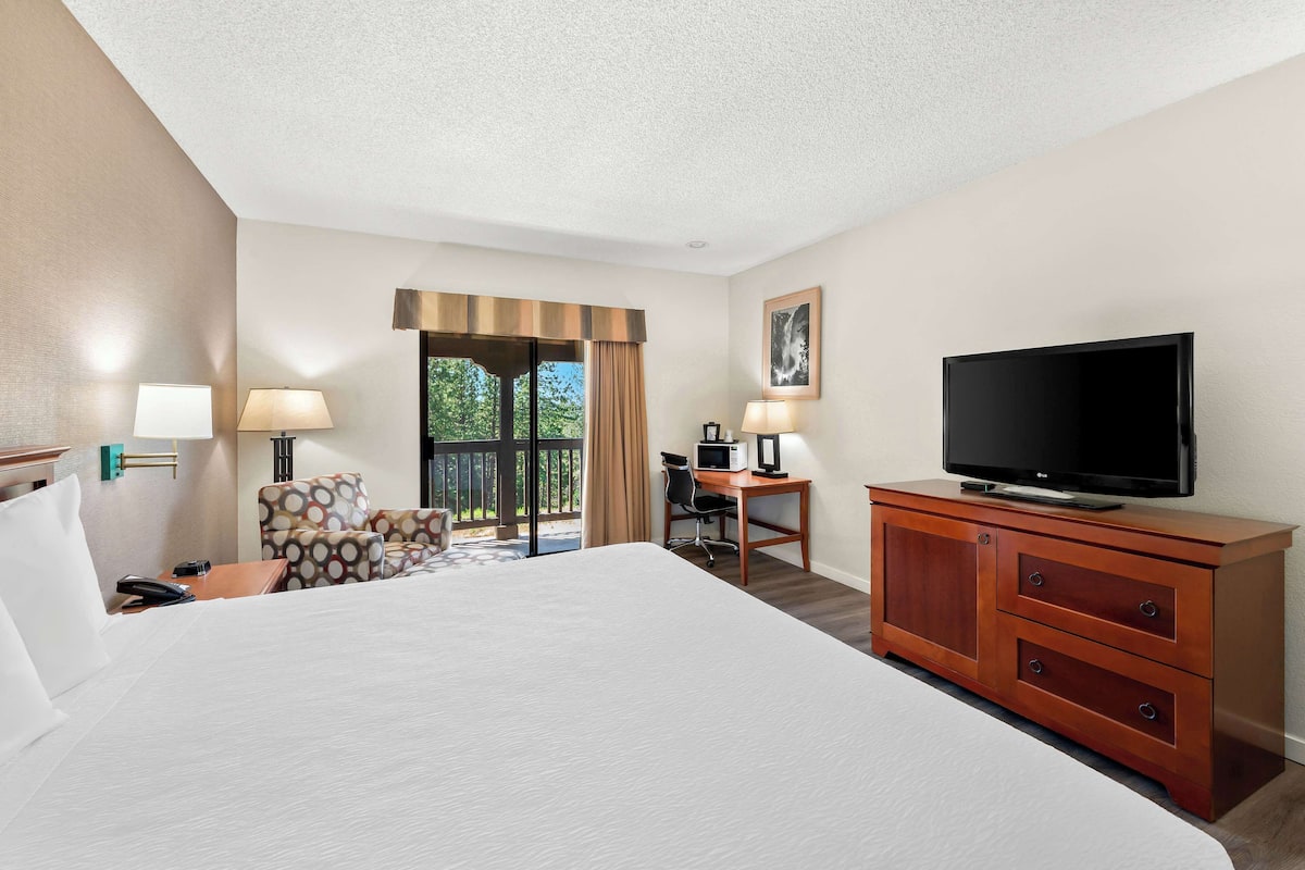 A hotel room with a large bed, a desk with a computer, a television, and a view of the outdoors through a sliding door.
