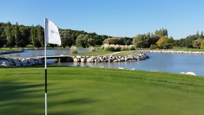 Un parcours de golf avec un drapeau, un étang et une zone boisée en arrière-plan.