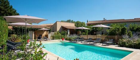 Seasonal outdoor pool, pool umbrellas, sun loungers