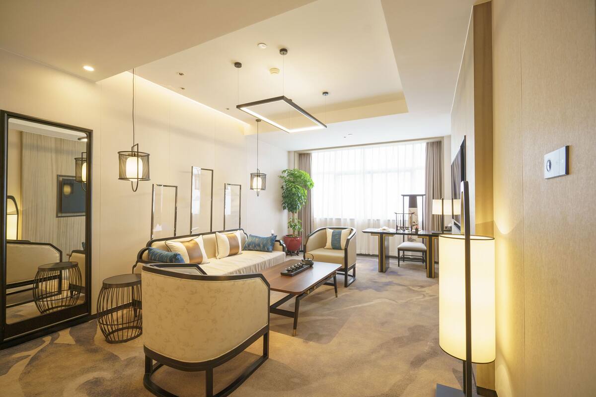 Une chambre d’hôtel moderne comprenant un canapé, une table basse, une table d’appoint, une lampe, une plante en pot, un téléviseur et un grand miroir.