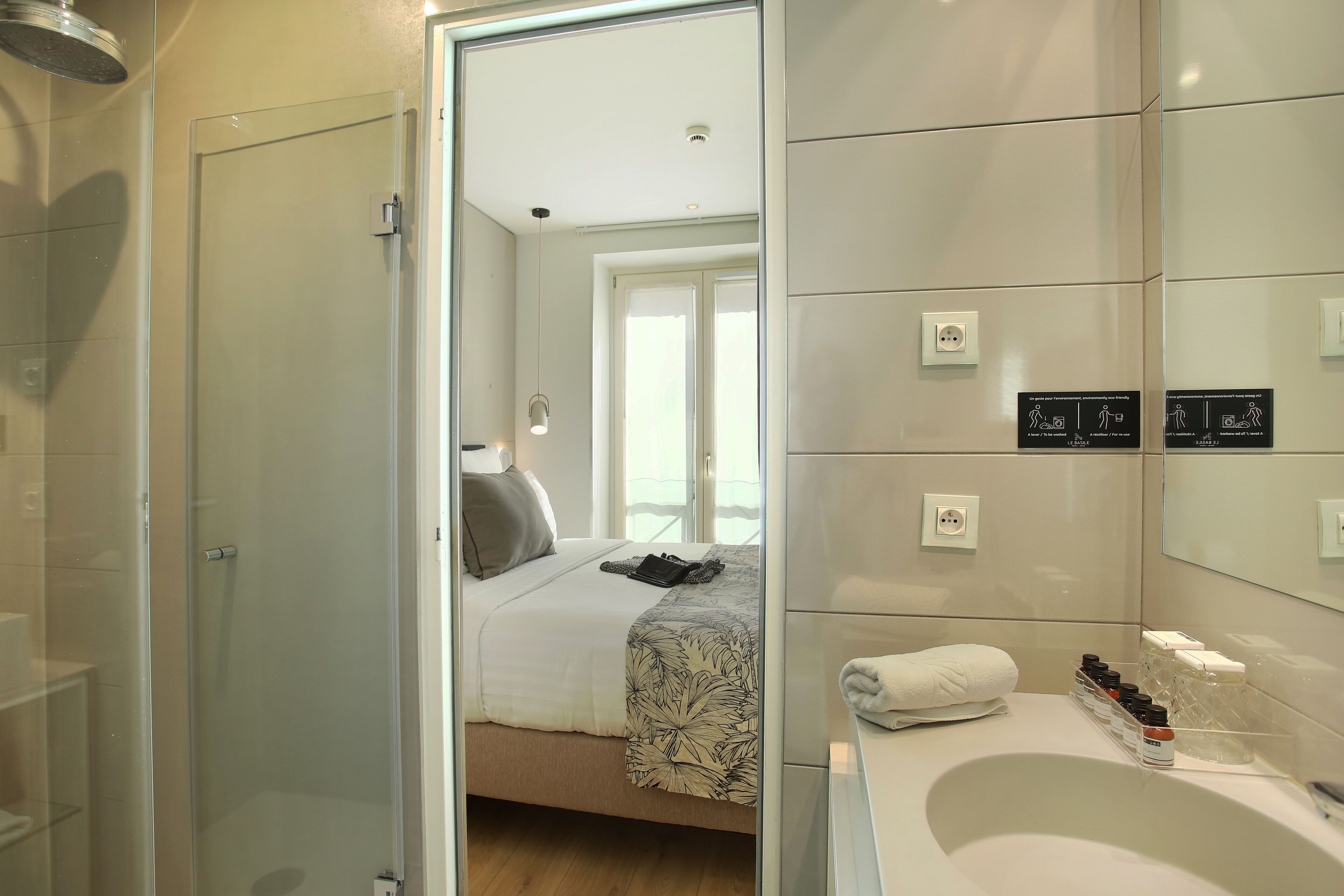 eco-friendly toiletries, hair dryer, towels, soap