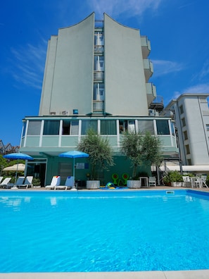 Outdoor pool, pool umbrellas, pool loungers