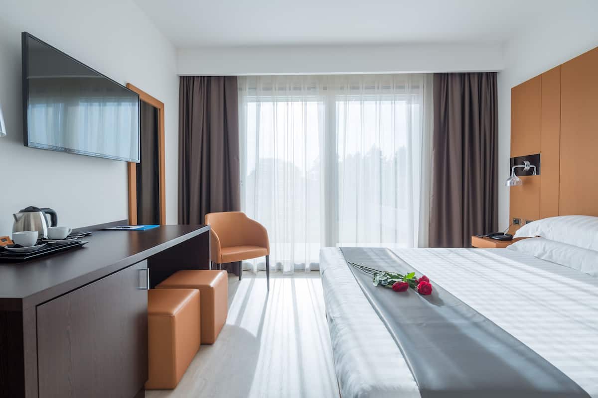 A hotel room with a bed, a desk, a chair, a TV, and a window with curtains.