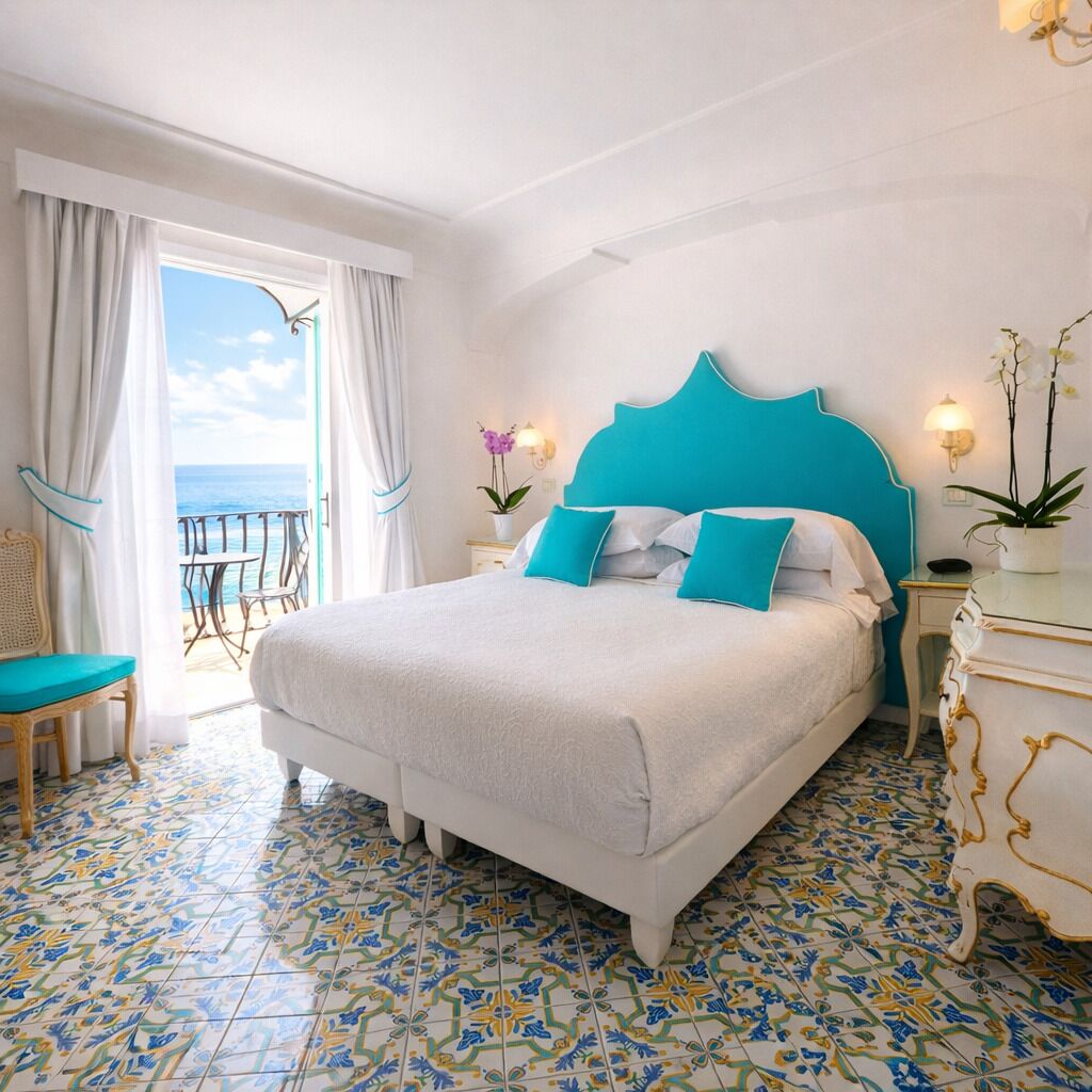 高级双人房或双床房, 阳台, 海景 | 意大利 Frette 床单、高档床上用品、记忆海绵床垫、迷你吧