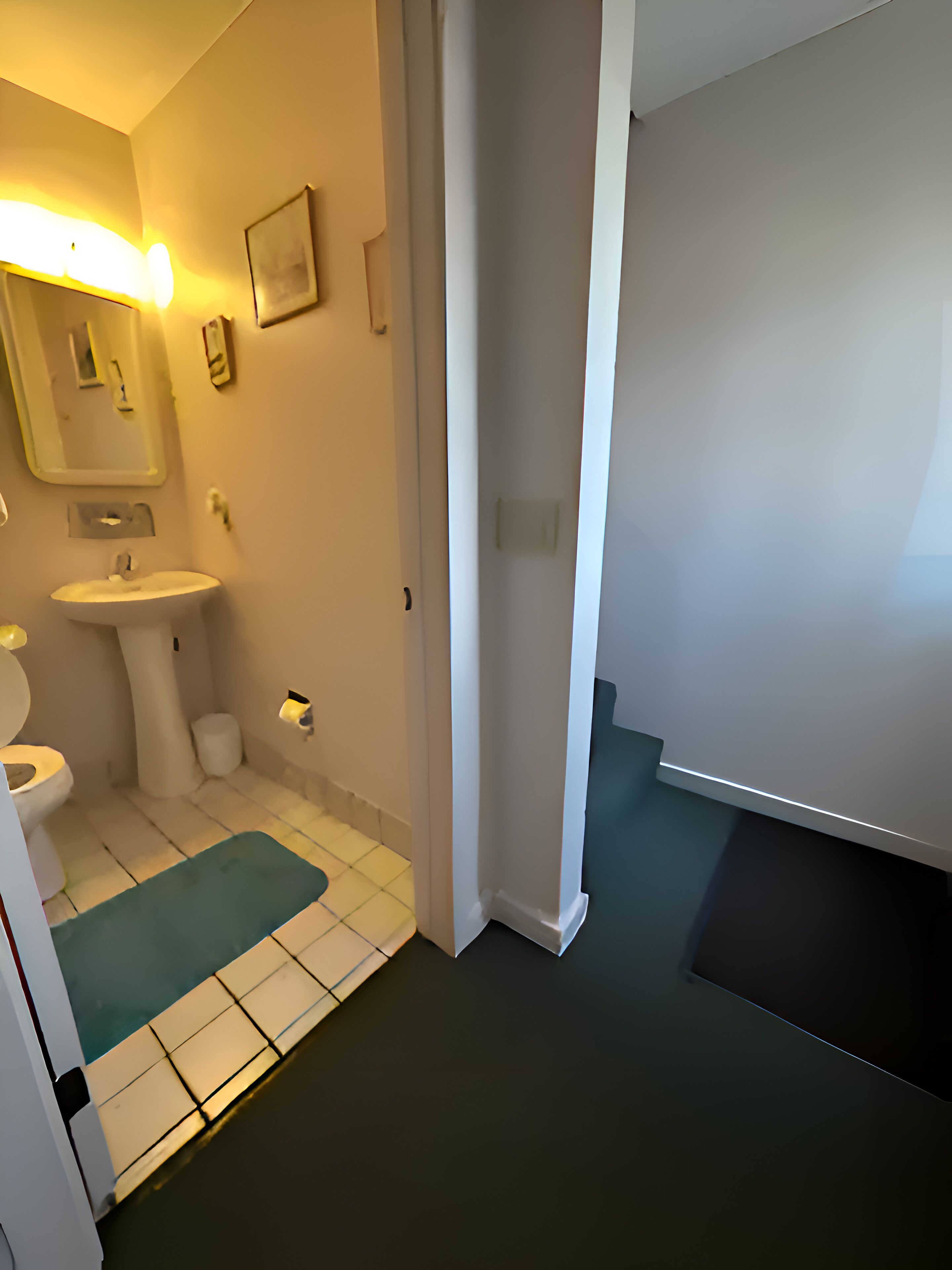 A bathroom with a white sink, a toilet, and a mirror. There is a green mat on the floor and a black mat near the door.