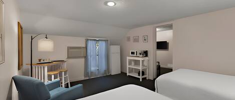Une chambre d’hôtel avec deux lits, un bureau avec une chaise, une petite table, un téléviseur et une fenêtre avec des rideaux.