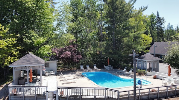 Seasonal outdoor pool, pool umbrellas, sun loungers