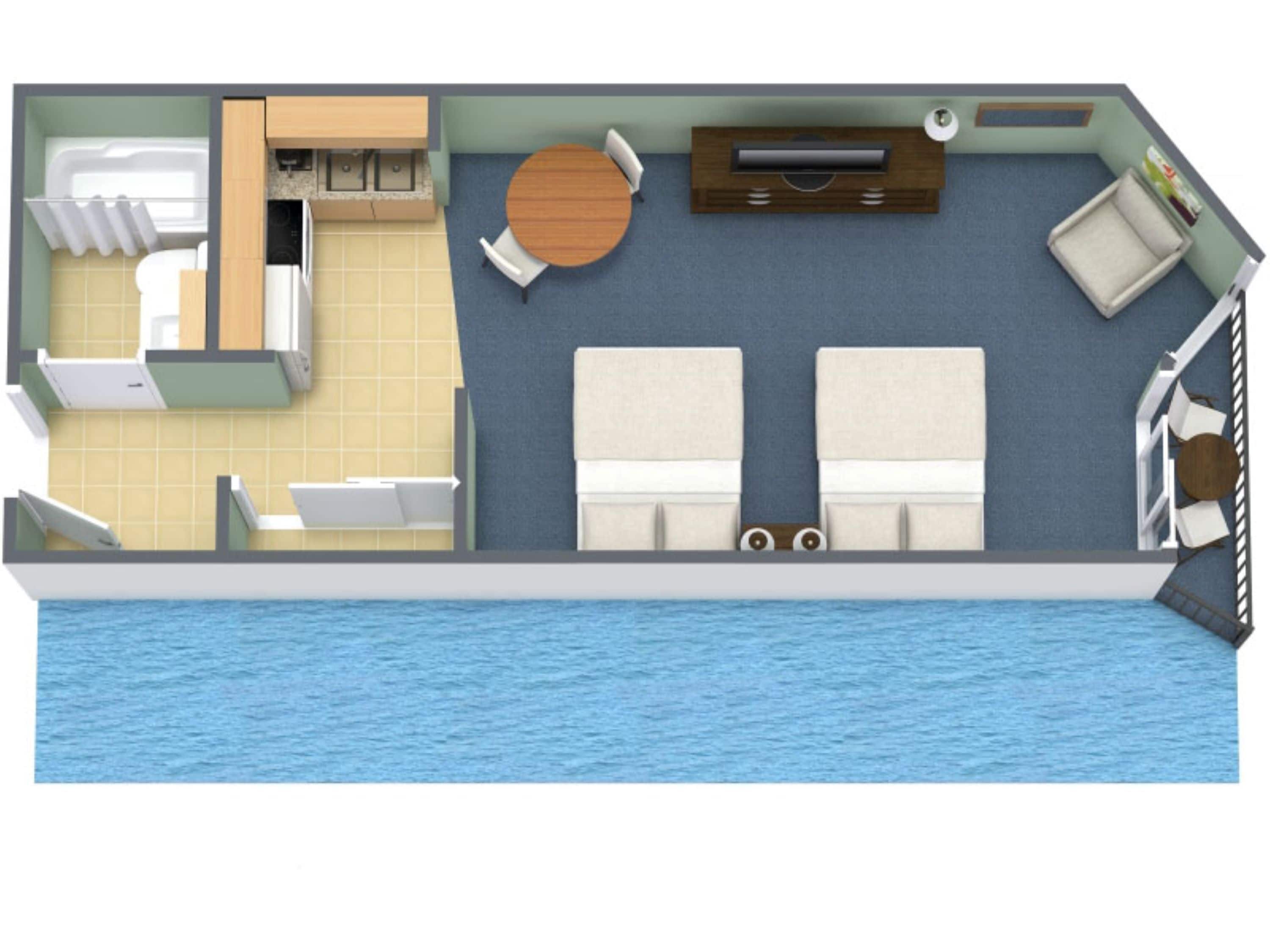 L’intérieur d’un bateau comprend une cuisine, un coin repas, deux chambres, une salle de bain et un petit balcon.