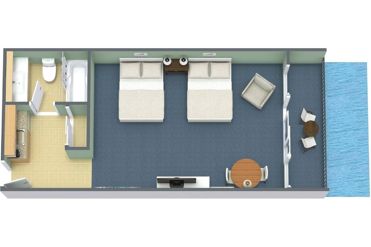A 2-bedroom suite with a balcony, a kitchenette, a bathroom, and a dining area.