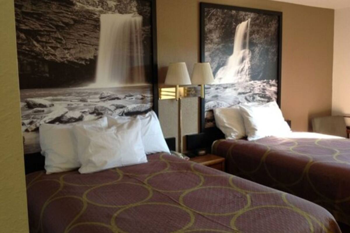 Habitación de hotel con dos camas, una mesita de noche, una lámpara y dos grandes cuadros con motivo de cascadas en la pared.