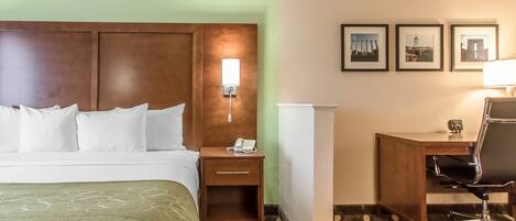 A hotel room with a bed, bedside table, lamp, desk, chair, and framed pictures on the wall.