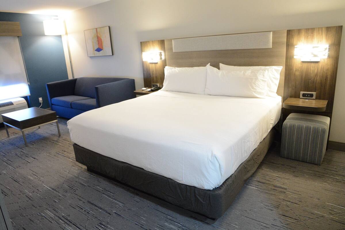 Une chambre d’hôtel avec un grand lit, un bureau, une chaise et une poubelle.