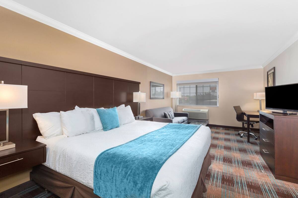 Una habitación de hotel con una cama grande, un escritorio, un televisor y una ventana.