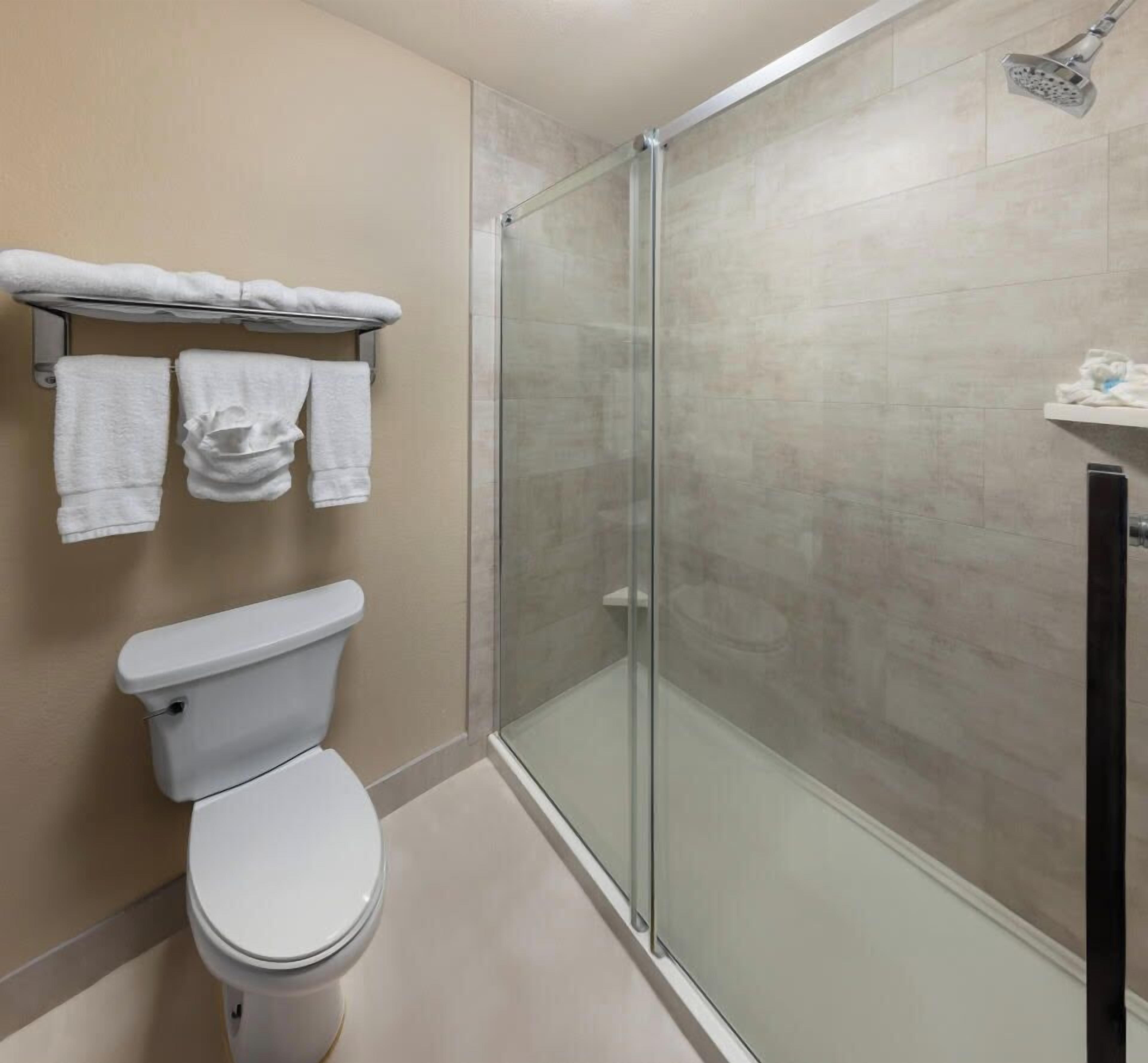 Ein modernes Badezimmer mit einer gläsernen Duschkabine, einer Toilette und einem Handtuchhalter mit zwei Handtüchern.