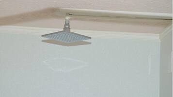 Esquina de un cuarto con techo blanco y ducha.
