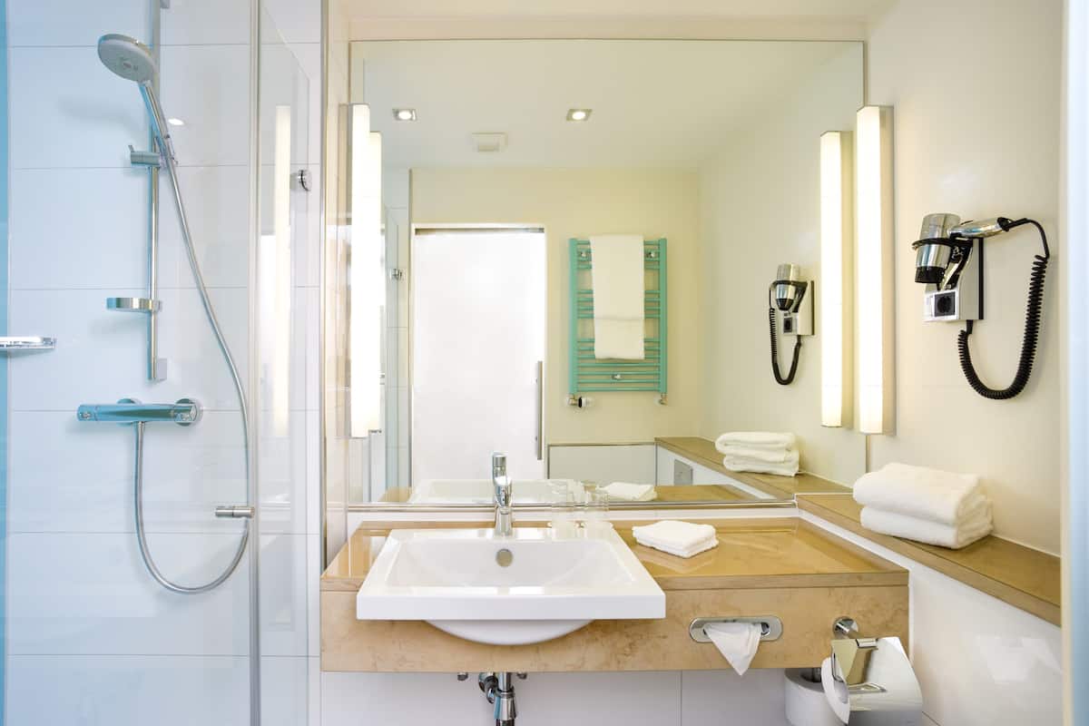 shower, free toiletries, hair dryer, towels