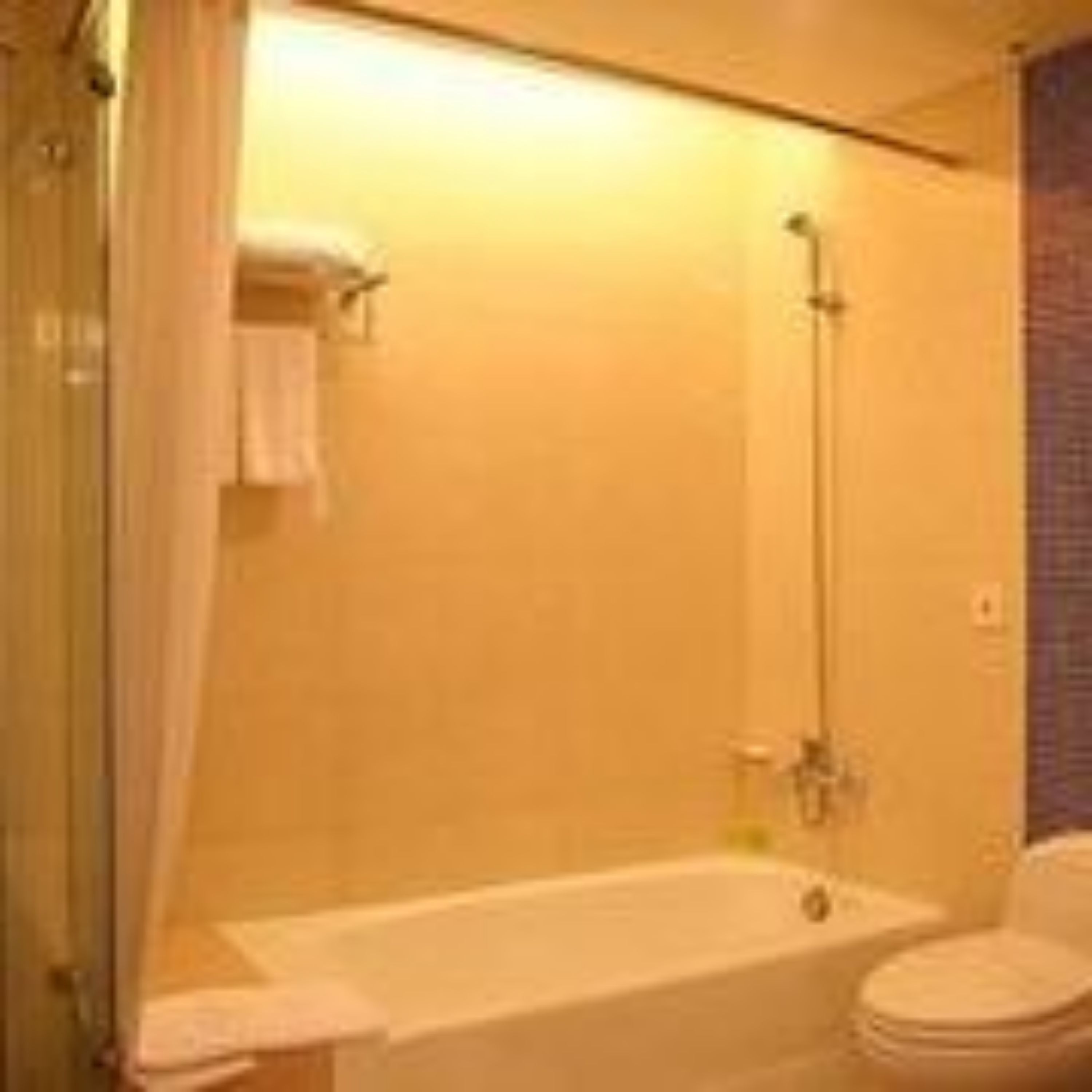 deep-soaking bathtub, rainfall showerhead, free toiletries, towels