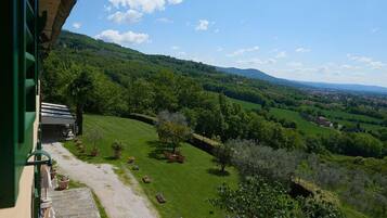 A view of a lush green landscape with rolling hills and a clear sky.