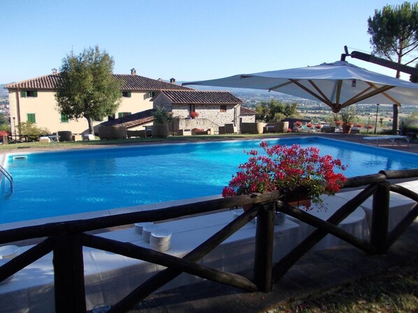 Seasonal outdoor pool, pool umbrellas, pool loungers