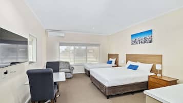 Standard Room, Non Smoking (1 Queen & 1 Single Bed) | Desk, laptop workspace, blackout curtains, iron/ironing board