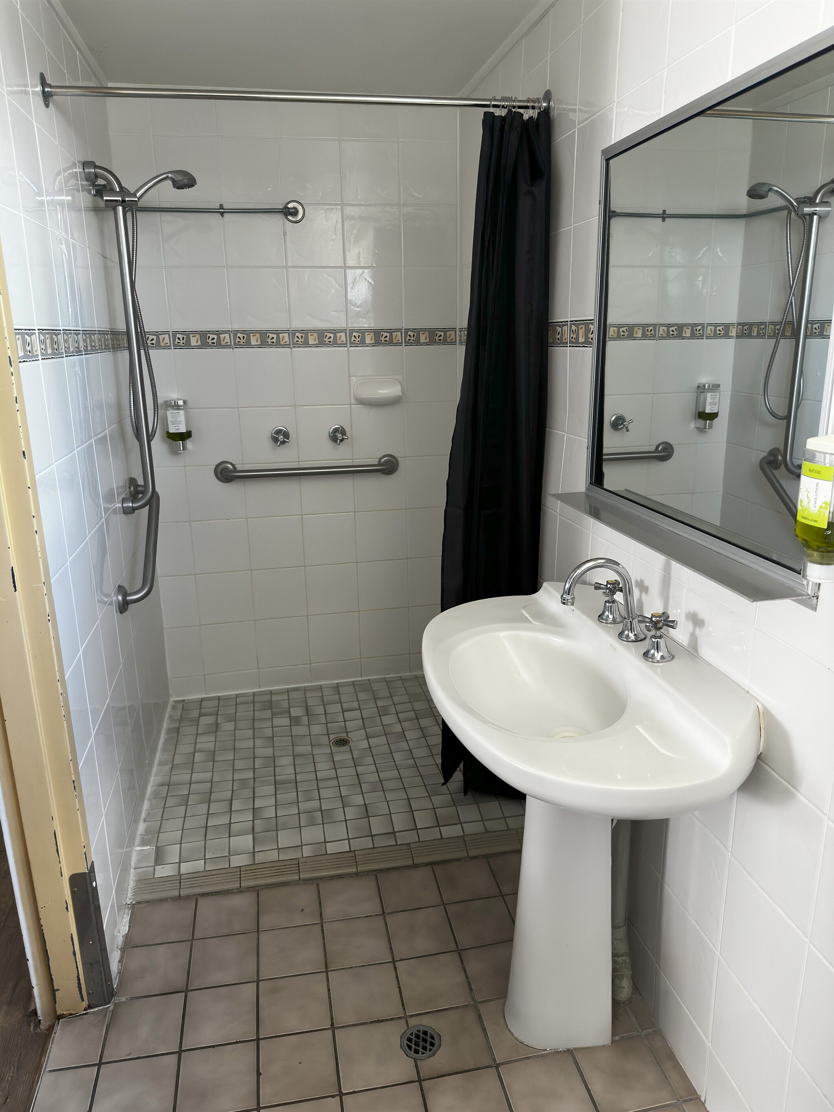 A bathroom with a shower, grab bars, a sink, and a mirror.