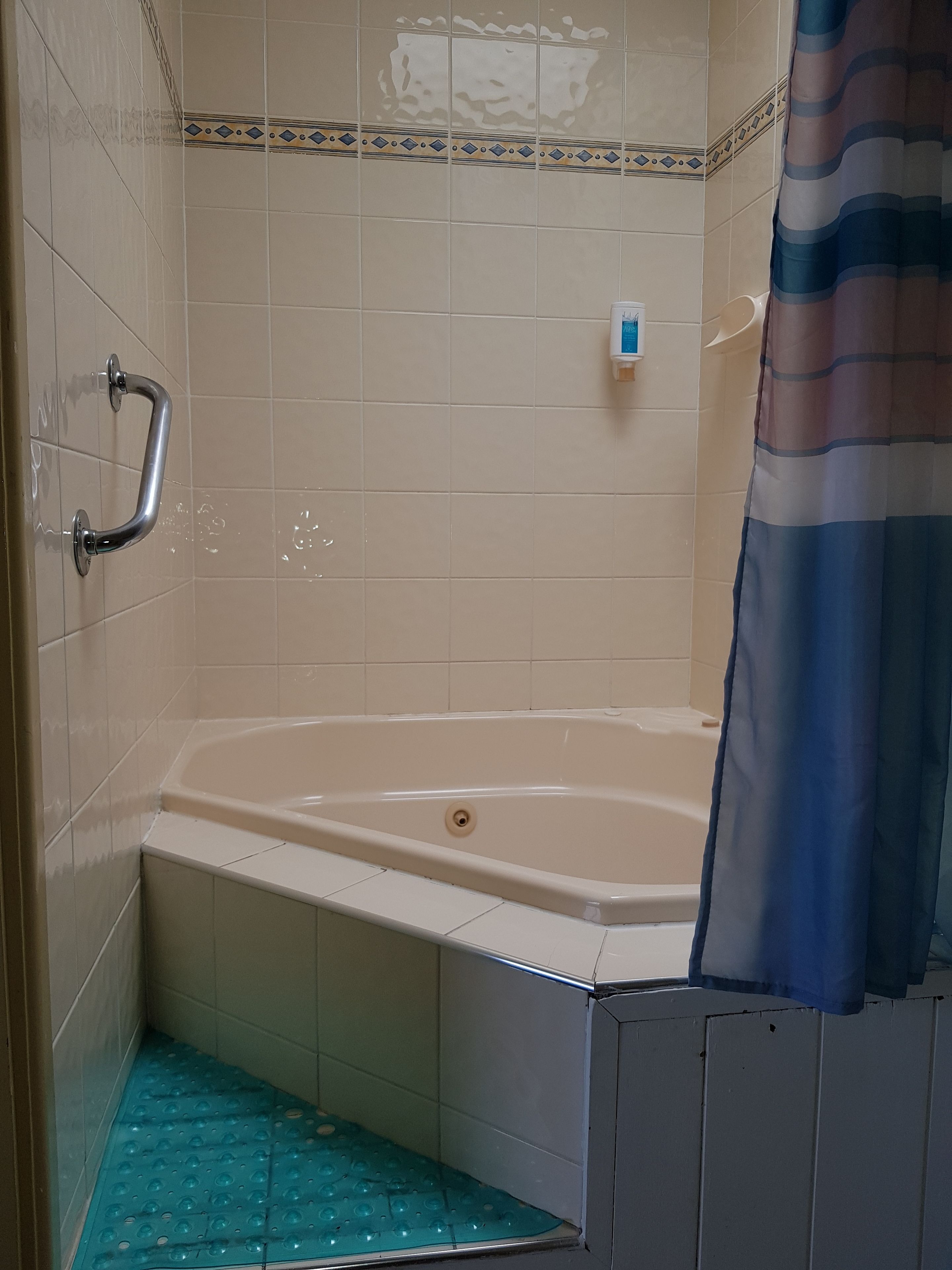Un baño con bañera, cortina de ducha y barra de apoyo.